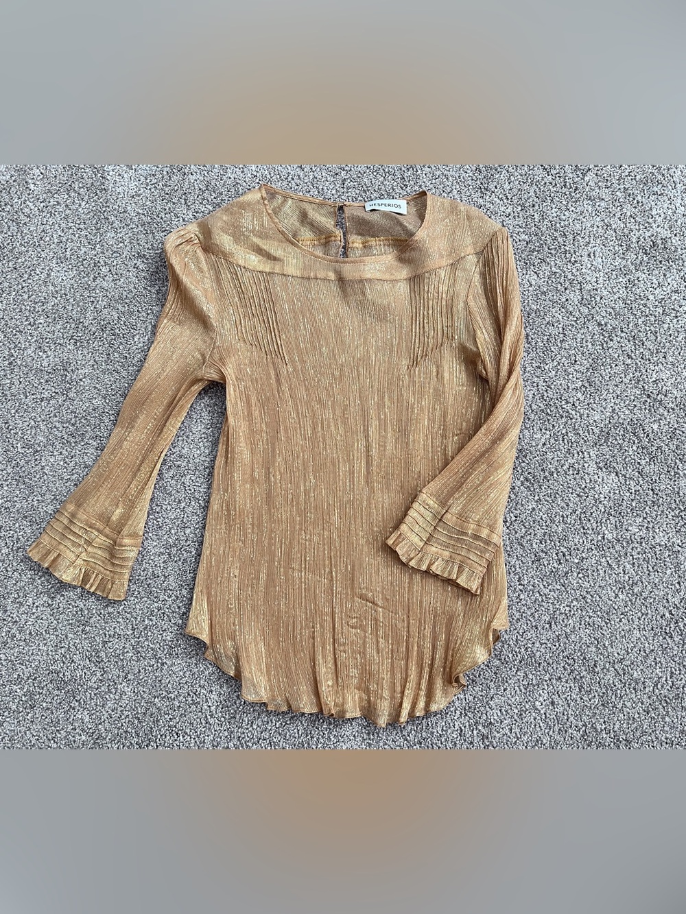 Hesperios Gold Metallic Pleated silk blouse bell ruffle Sleeve Sheer Shimmer
